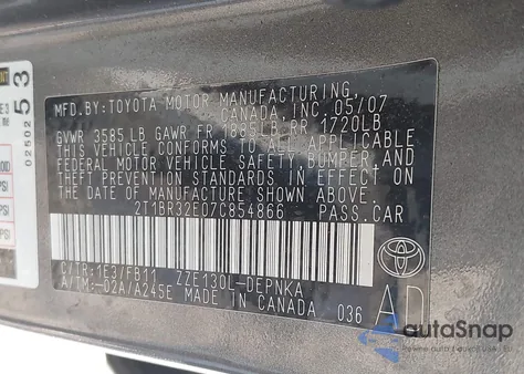 2007 Toyota Corolla Le from USA, damaged, VIN 2T1BR32E07C854866